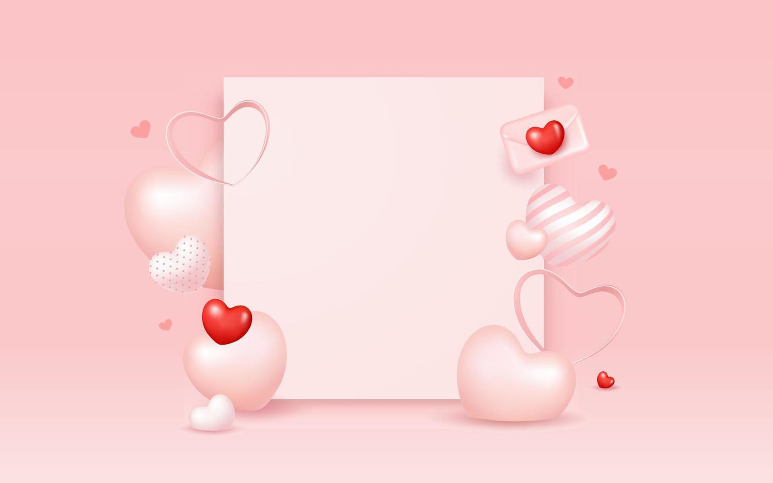 contento San Valentino giorno, con colorato palloncini cuore collezioni, bianca carta spazio bandiera design su rosa sfondo, eps10 vettore illustrazione.