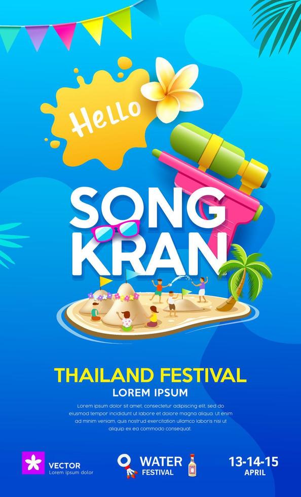 Songkran giorno, Tailandia Festival acqua pistola e bambino giocando sabbia pagoda estate manifesto aviatore design su blu sfondo, eps 10 vettore illustrazione