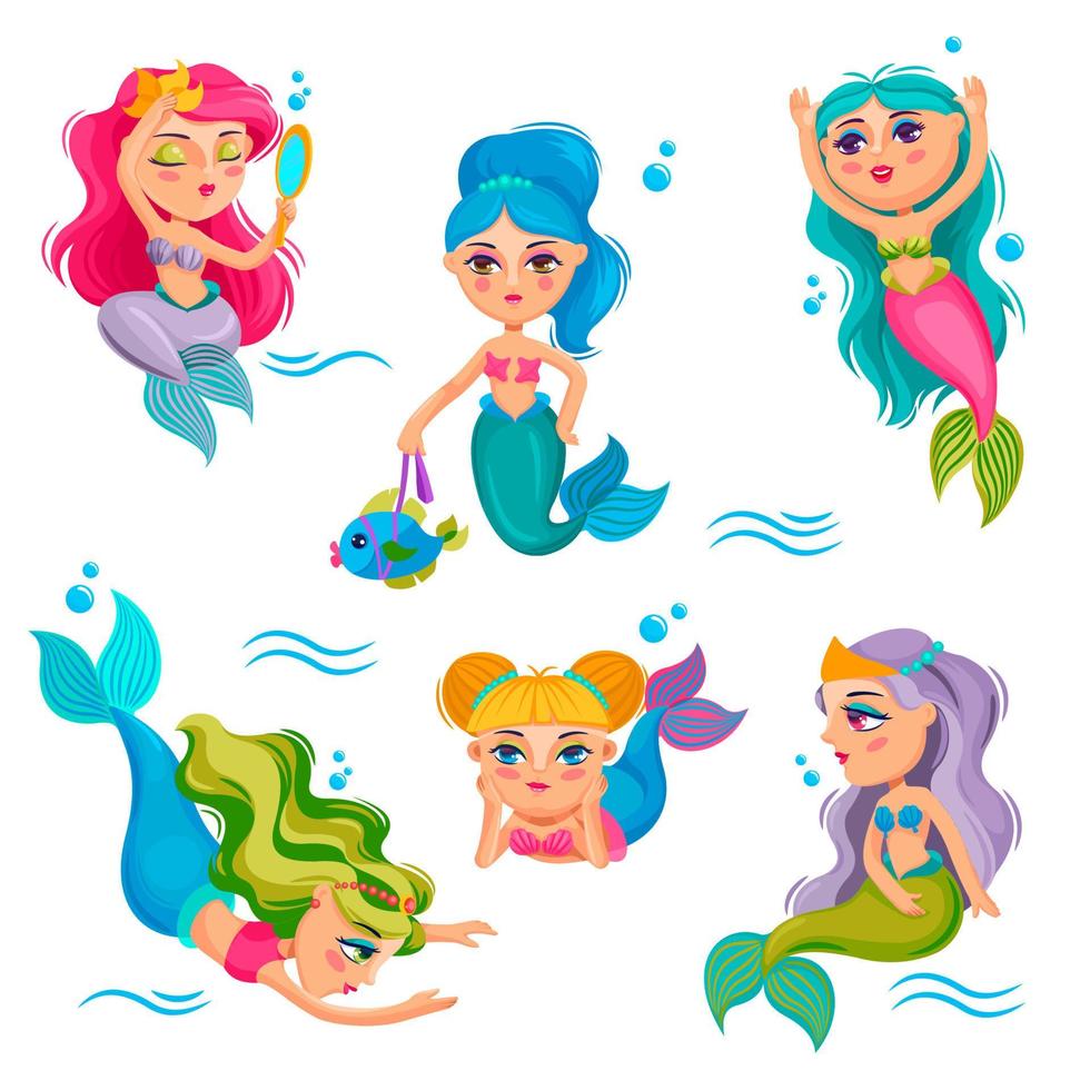 carino sirene. adorabile ragazza mare poco Principessa, subacqueo mitico creature con pesce coda cartone animato vettore bambini isolato personaggi