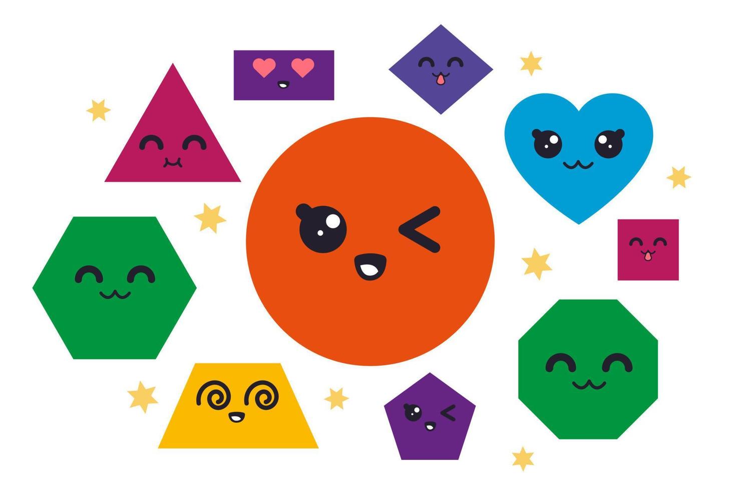 geometrico forma personaggi. geometrico semplice oggetti con divertente kawaii facce per bambini formazione scolastica, cerchio, piazza e triangolo, cuore vettore impostato