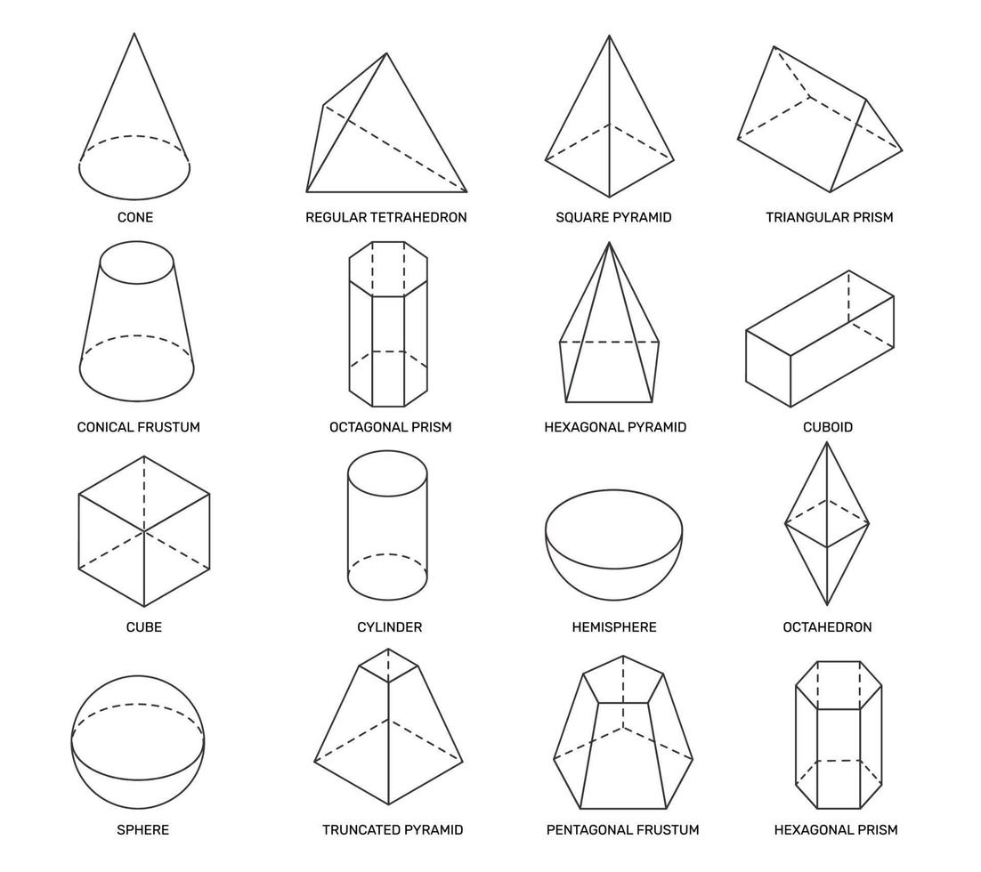 linea isometrico forme. semplice geometrico le forme per scuola apprendimento e logo design. cilindro, prisma e piramide, cono e sfera 3d vettore matematica impostato