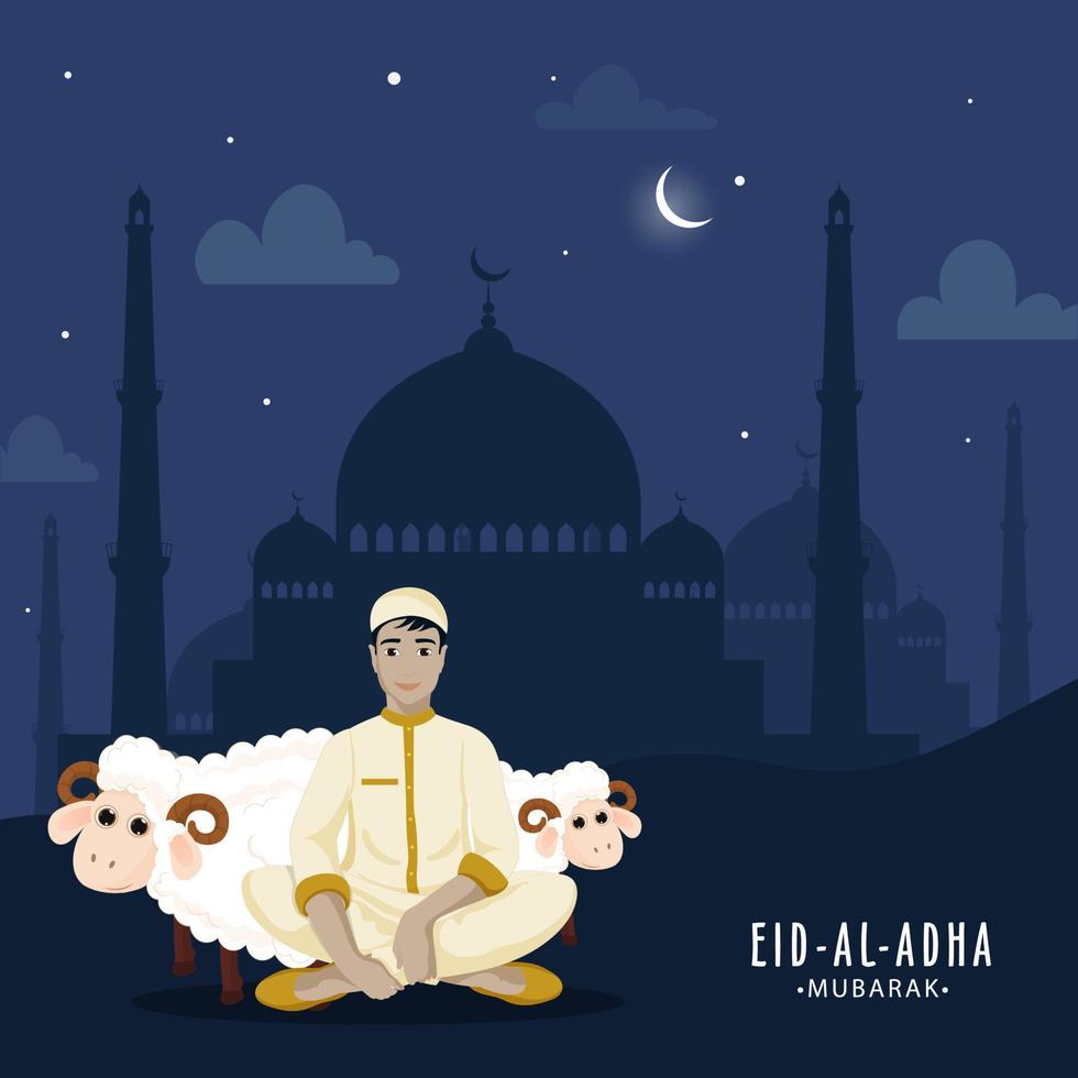 musulmano uomo seduta con Due cartone animato pecora e silhouette moschea su notte scena blu sfondo per Eid-al-Adha mubarak concetto. vettore