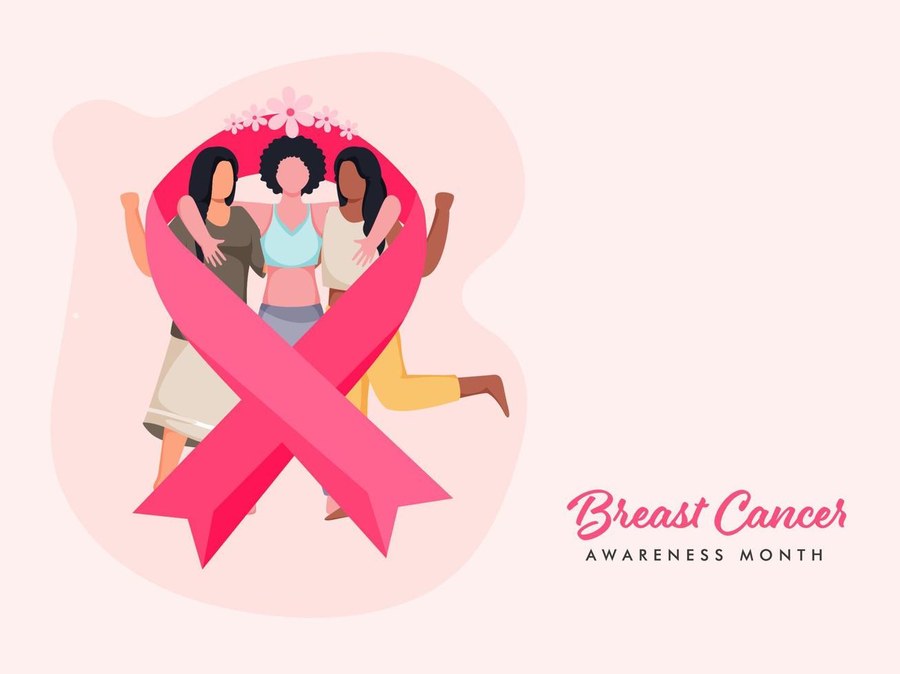 Seno cancro nastro con senza volto giovane ragazze abbracciare insieme su pastello rosa sfondo per consapevolezza mese. vettore