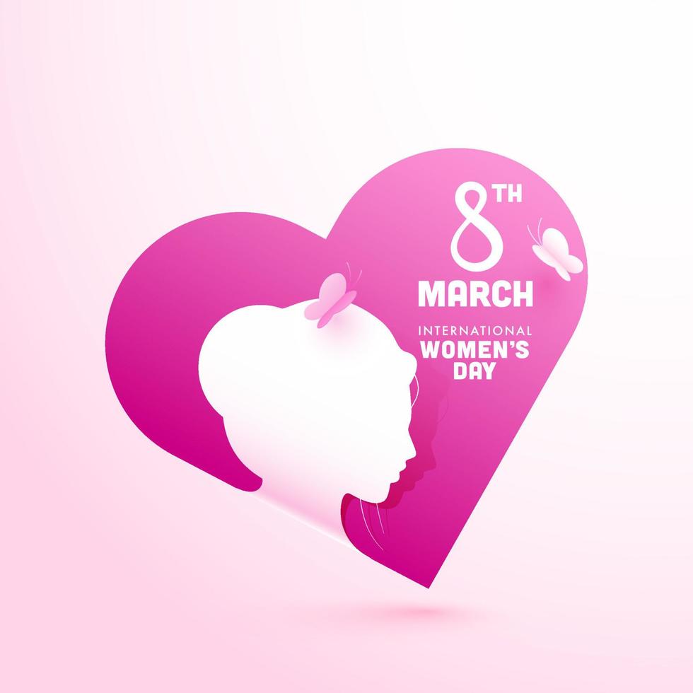 carta tagliare stile silhouette giovane ragazza e farfalla su rosa cuore forma sfondo per 8 marzo di internazionale Da donna giorno celebrazione. vettore
