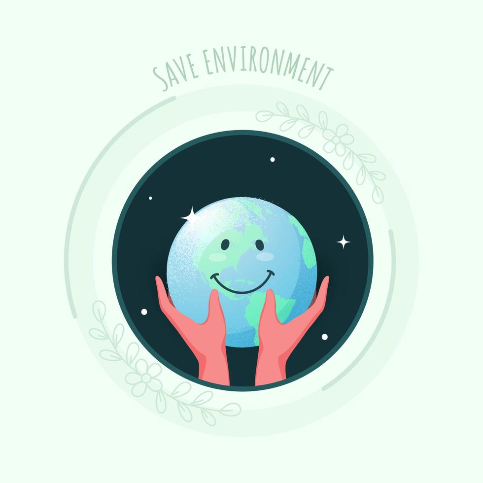 umano mani Tenere smiley terra globo su verde sfondo per Salva ambiente concetto. vettore