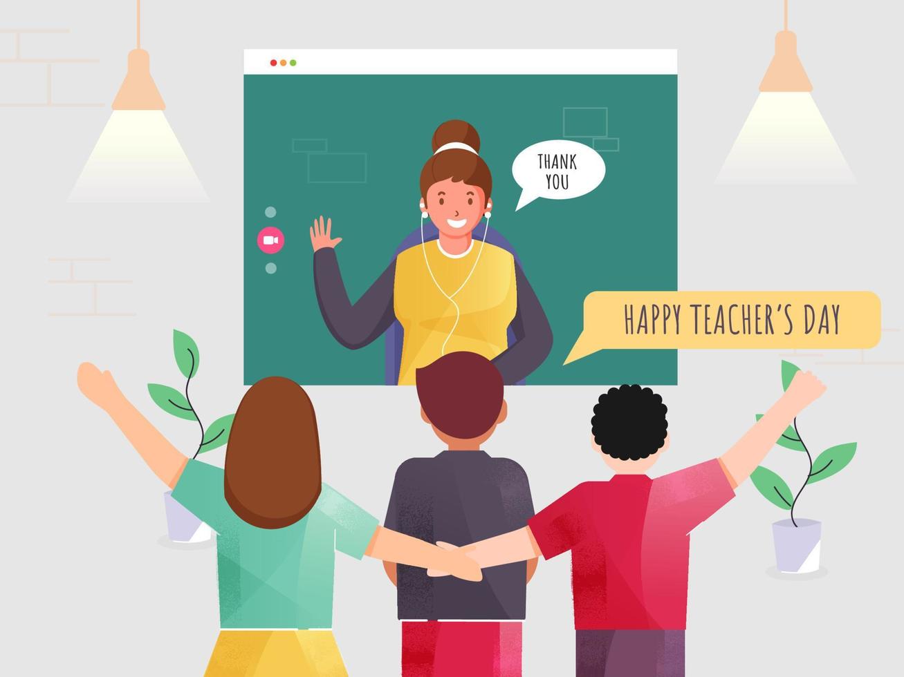 indietro Visualizza di bambini interagendo su video chiamata con femmina insegnante per desiderio insegnanti giorno. vettore