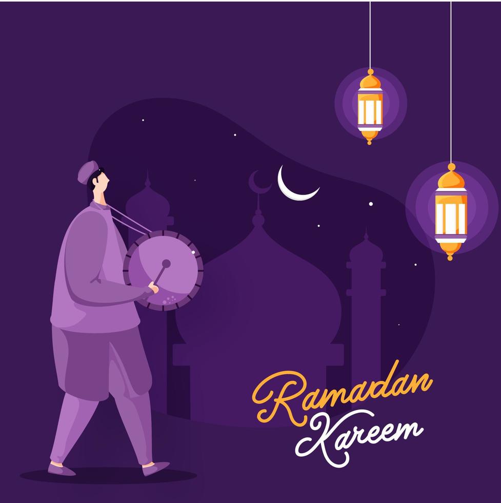 musulmano uomo giocando tamburo con sospeso illuminato lanterne, mezzaluna Luna e silhouette moschea su viola sfondo. vettore