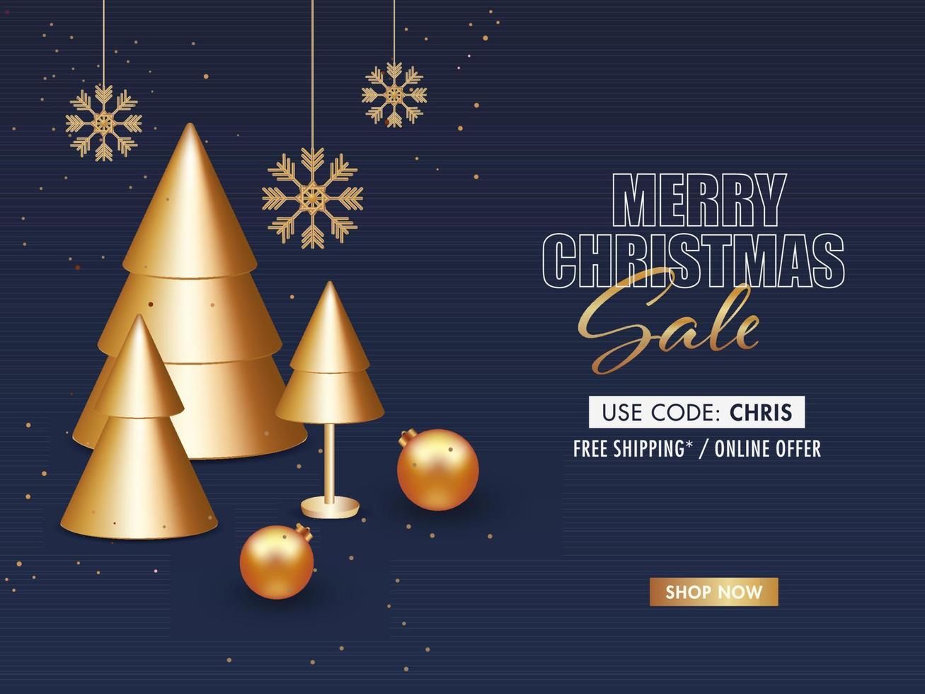 allegro Natale vendita manifesto design con 3d d'oro natale alberi, palline e sospeso i fiocchi di neve su blu sfondo. vettore