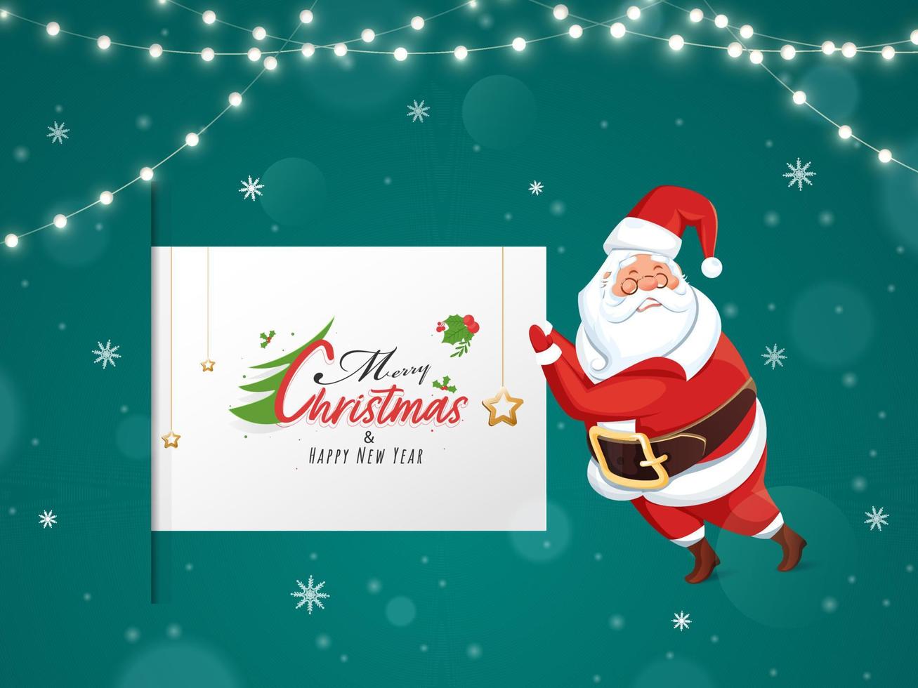 allegro Natale e contento nuovo anno scorrere modello con cartone animato Santa Claus personaggio su alzavola sfondo decorato illuminazione ghirlanda. vettore