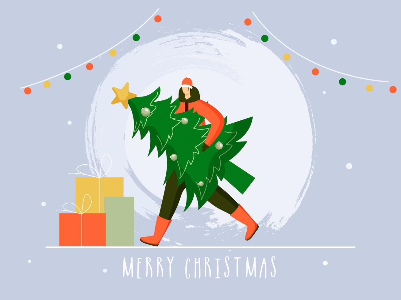 cartone animato uomo Tenere natale albero nel a piedi posa con regalo scatole su il occasione di allegro Natale celebrazione. vettore