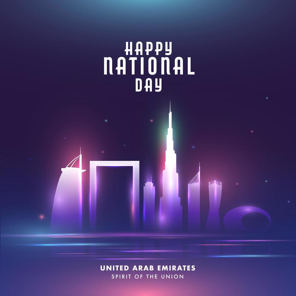 contento nazionale giorno celebrazione manifesto design con famoso architettura o monumenti e luci effetto per unito arabo emirati, spirito di il unione. vettore