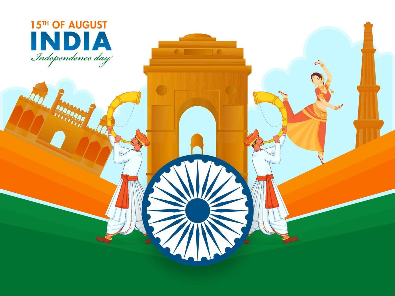 India indipendenza giorno celebrazione sfondo con Ashoka ruota, famoso monumenti, classico ballerino donna e uomini soffiaggio tutari corno. vettore