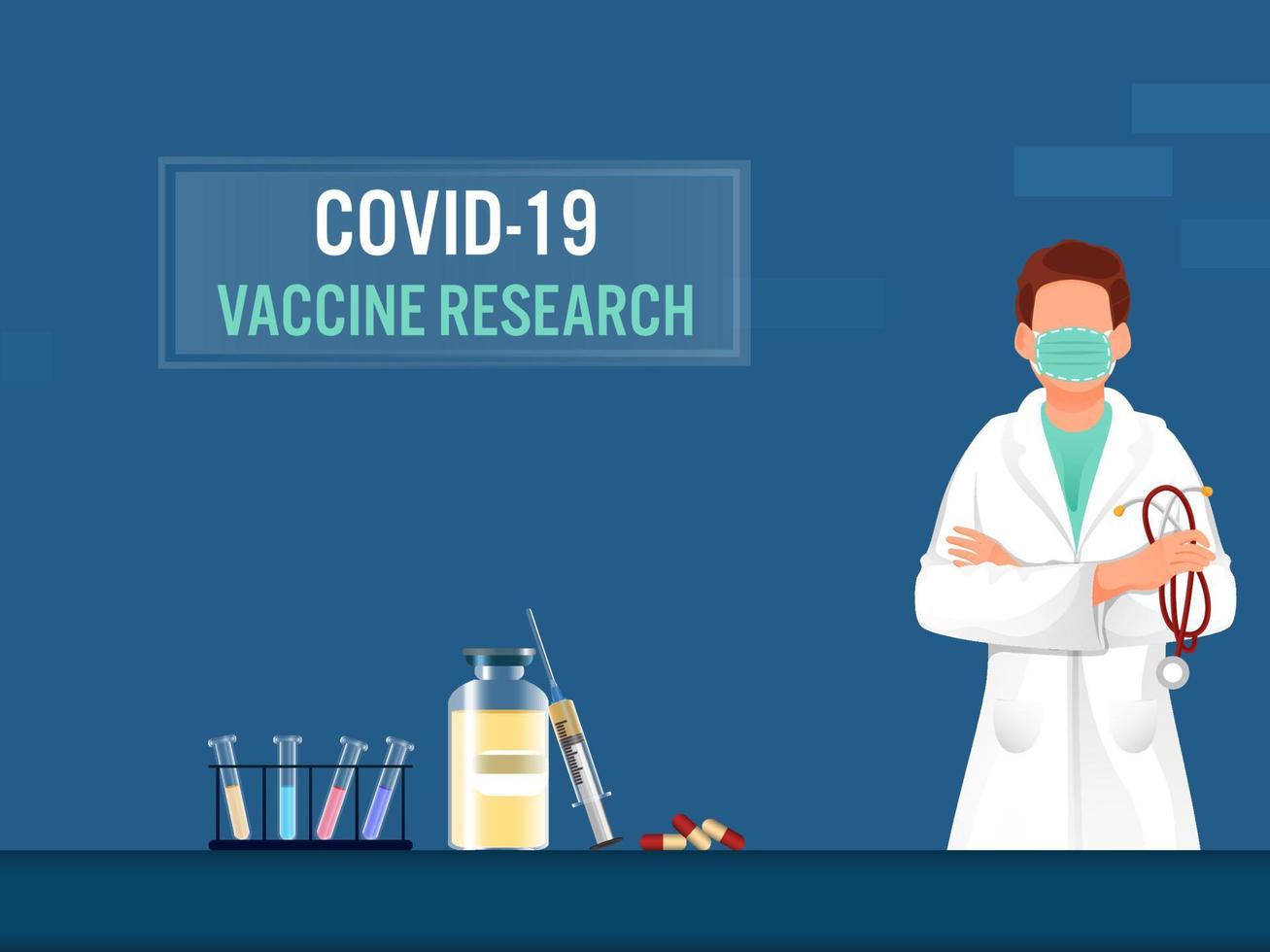 covid-19 vaccino ricerca concetto con medico uomo indossare medico maschera su blu sfondo. vettore