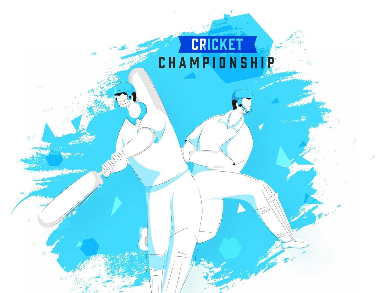 vettore illustrazione di Due battitore personaggio nel giocando posa su bianca e blu spazzola ictus sfondo per cricket campionato.