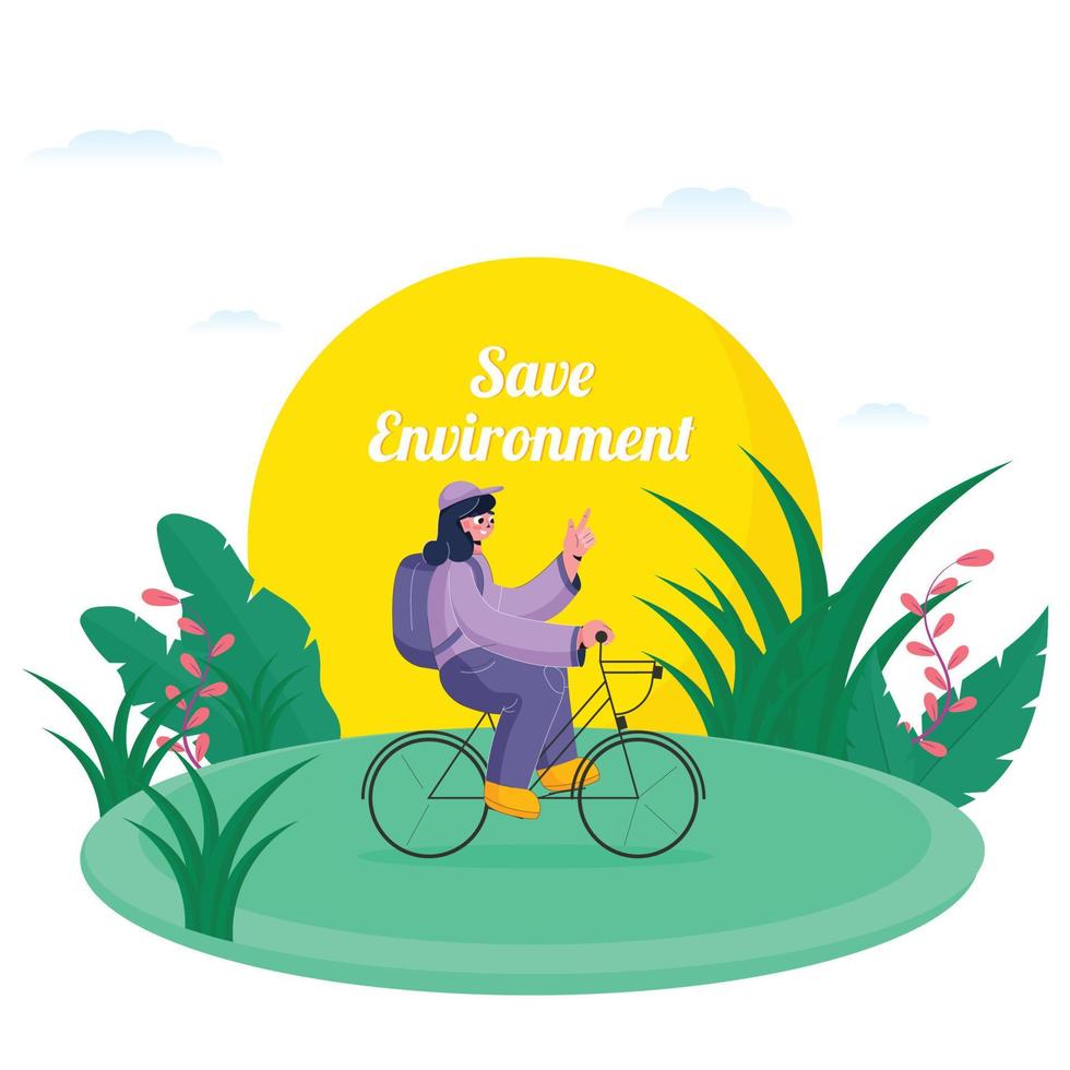 cartone animato giovane ragazza equitazione un' bicicletta con verde natura Visualizza per Salva ambiente concetto. vettore
