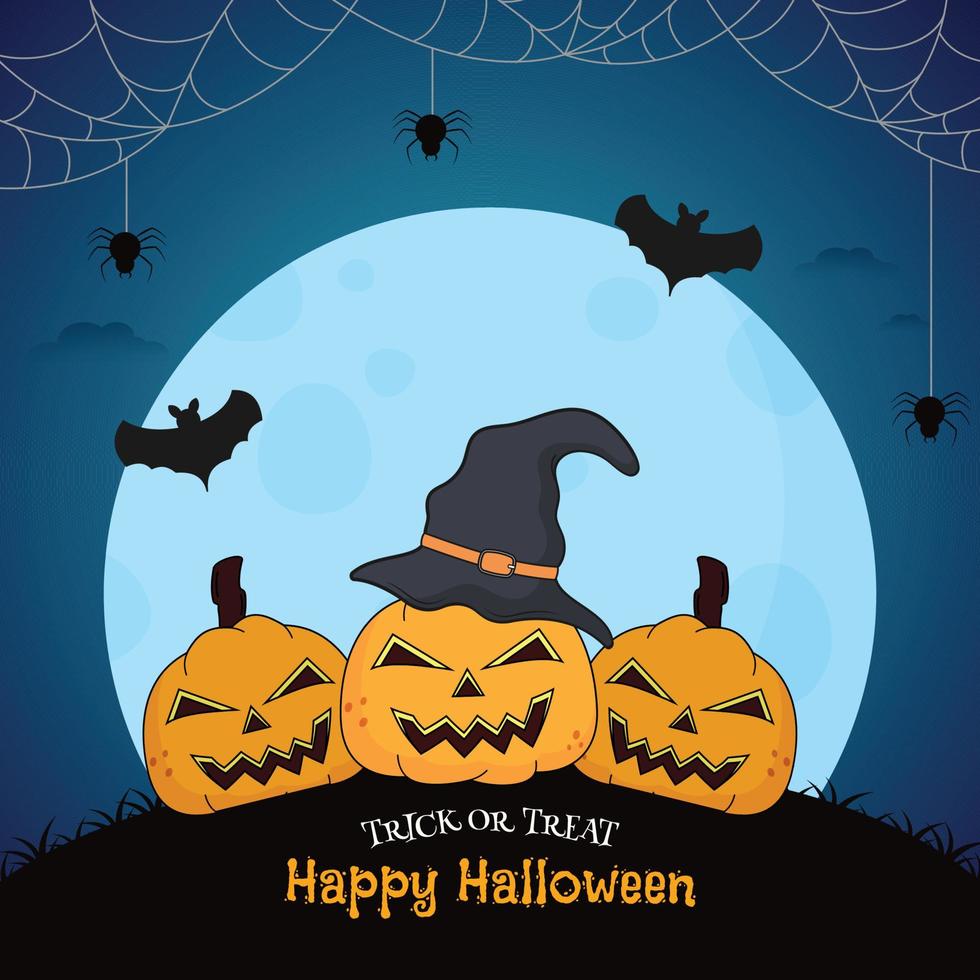 illustrazione di spaventoso zucche con strega cappello, pipistrelli volante e ragno ragnatela su blu pieno Luna sfondo per contento Halloween trucco o trattare. vettore