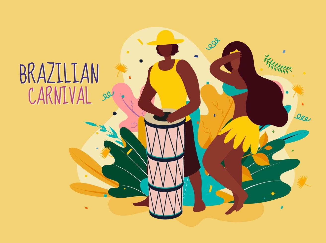 senza volto uomo giocando tamburo con donna danza e colorato le foglie su giallo sfondo per brasiliano carnevale celebrazione. vettore