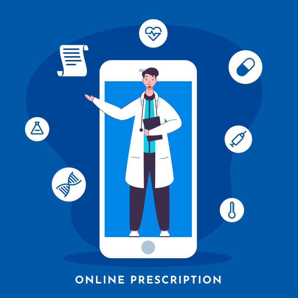 in linea prescrizione o consultazione concetto con medico uomo personaggio nel smartphone schermo e medico elementi su blu sfondo. vettore