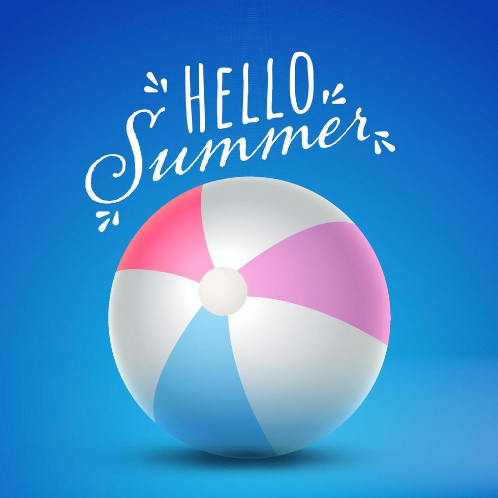 Ciao estate font con 3d lucido spiaggia palla su blu sfondo. vettore