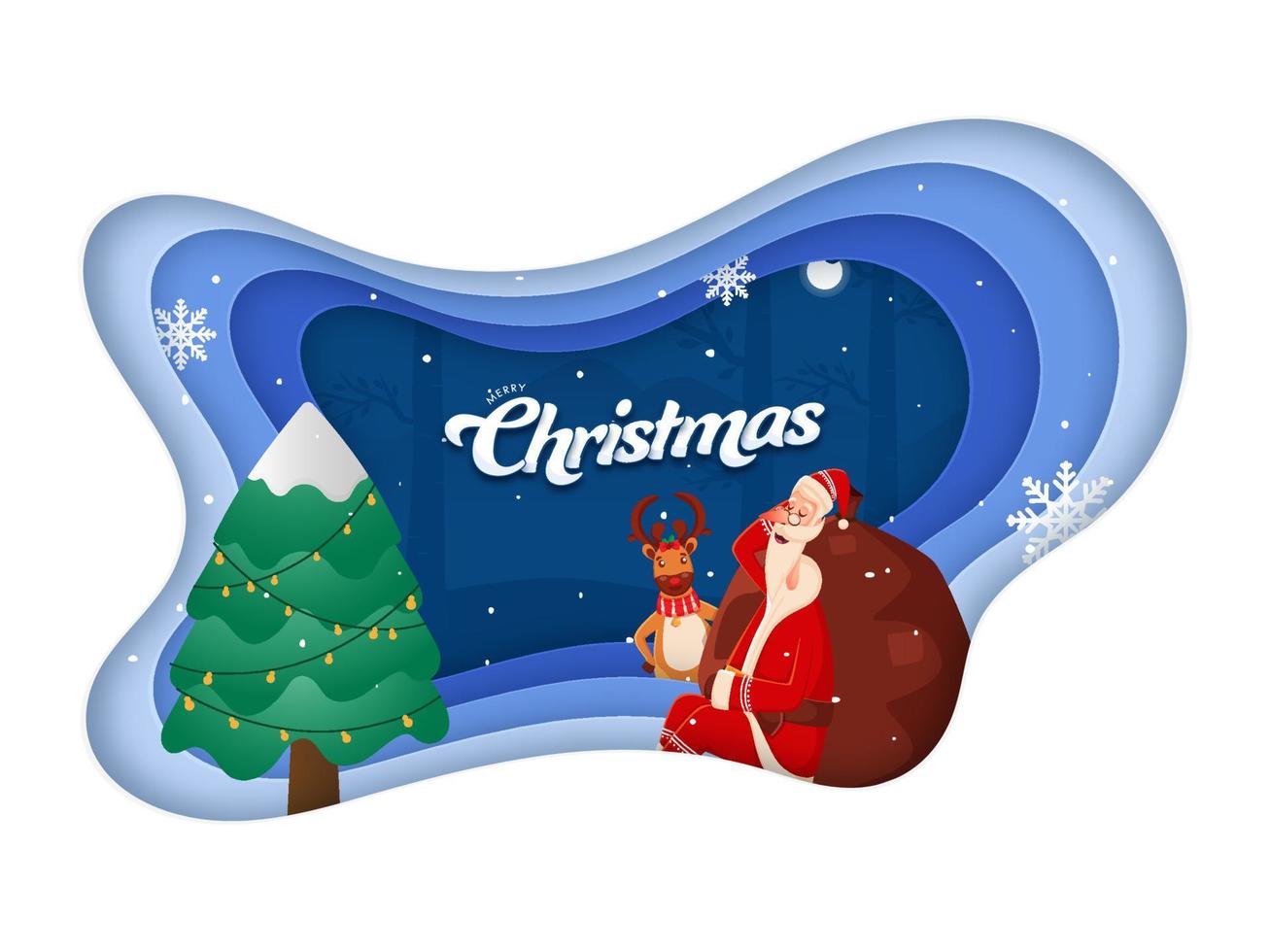 cartone animato Santa Claus addormentato con un' pesante sacco, renna, i fiocchi di neve e natale albero su carta strato tagliare sfondo per allegro Natale. vettore