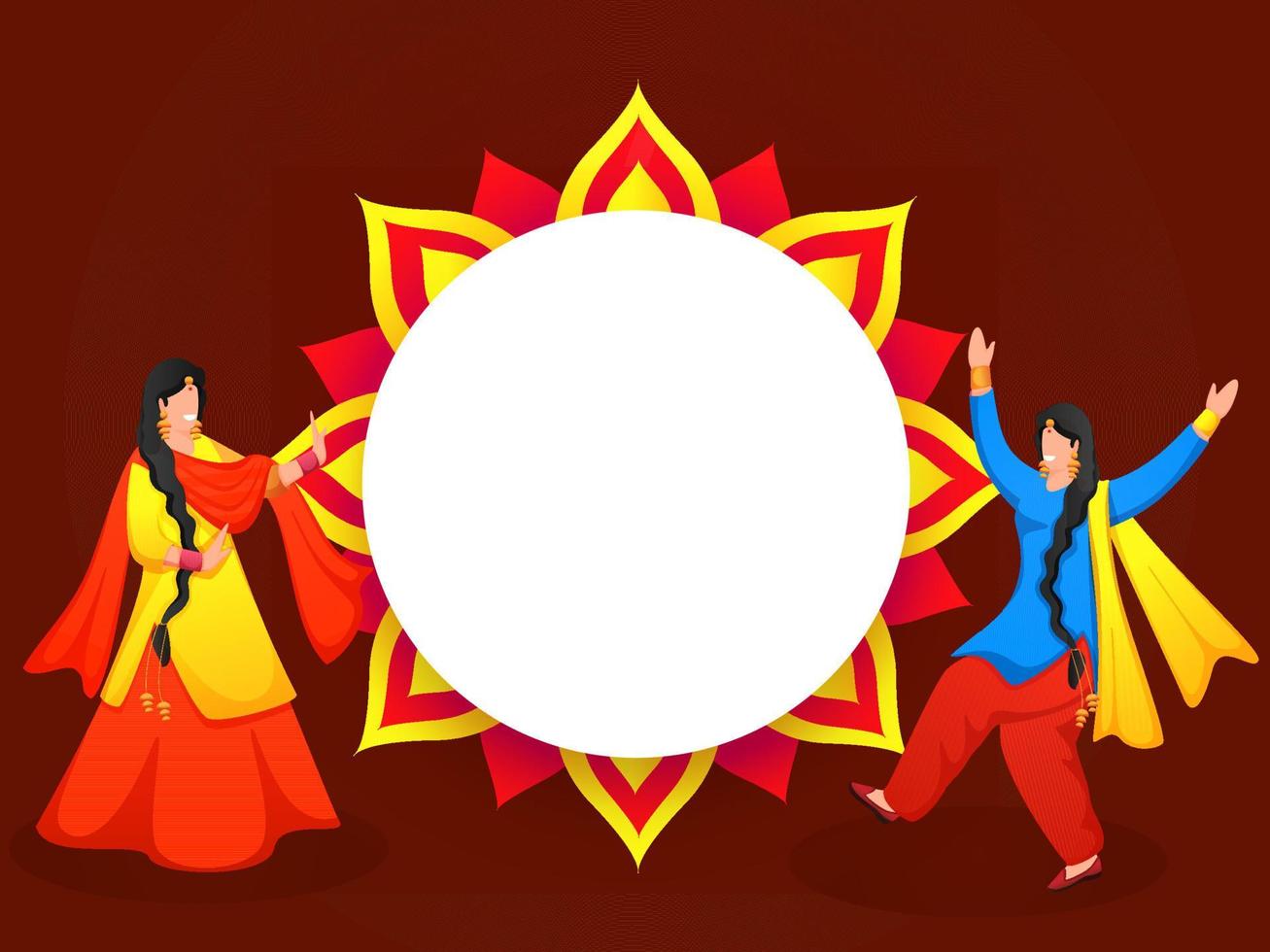 cartone animato punjabi donne fare bhangra danza e vuoto floreale telaio su bruciato rosso sfondo. vettore