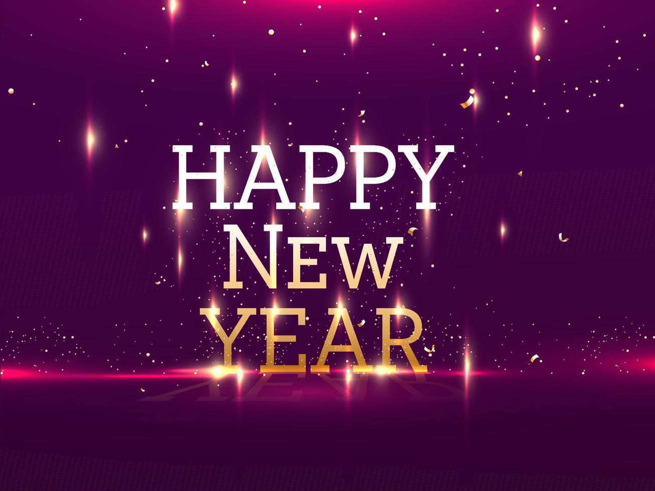 d'oro contento nuovo anno testo con luci effetto e coriandoli su viola sfondo. vettore