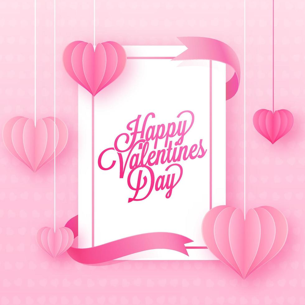 contento San Valentino giorno font su bianca saluto carta decorato con sospeso rosa origami carta cuori. vettore