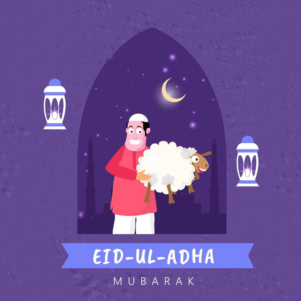 allegro musulmano uomo Tenere cartone animato pecora con sospeso illuminato lanterne e mezzaluna Luna su viola astratto sfondo per Eid-ul-Adha mubarak concetto. vettore