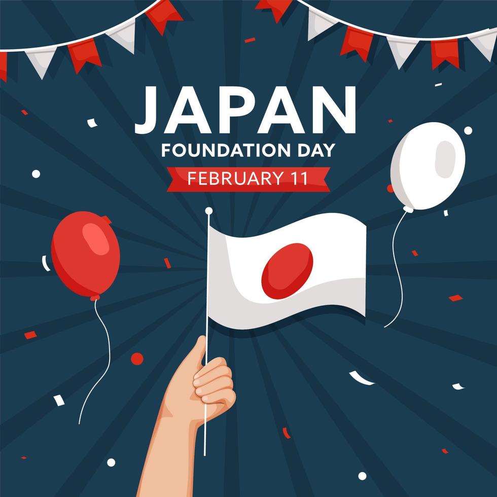 11 febbraio, Giappone fondazione giorno concetto con mano Tenere nazionale bandiera, palloncini e coriandoli su blu raggi sfondo. vettore