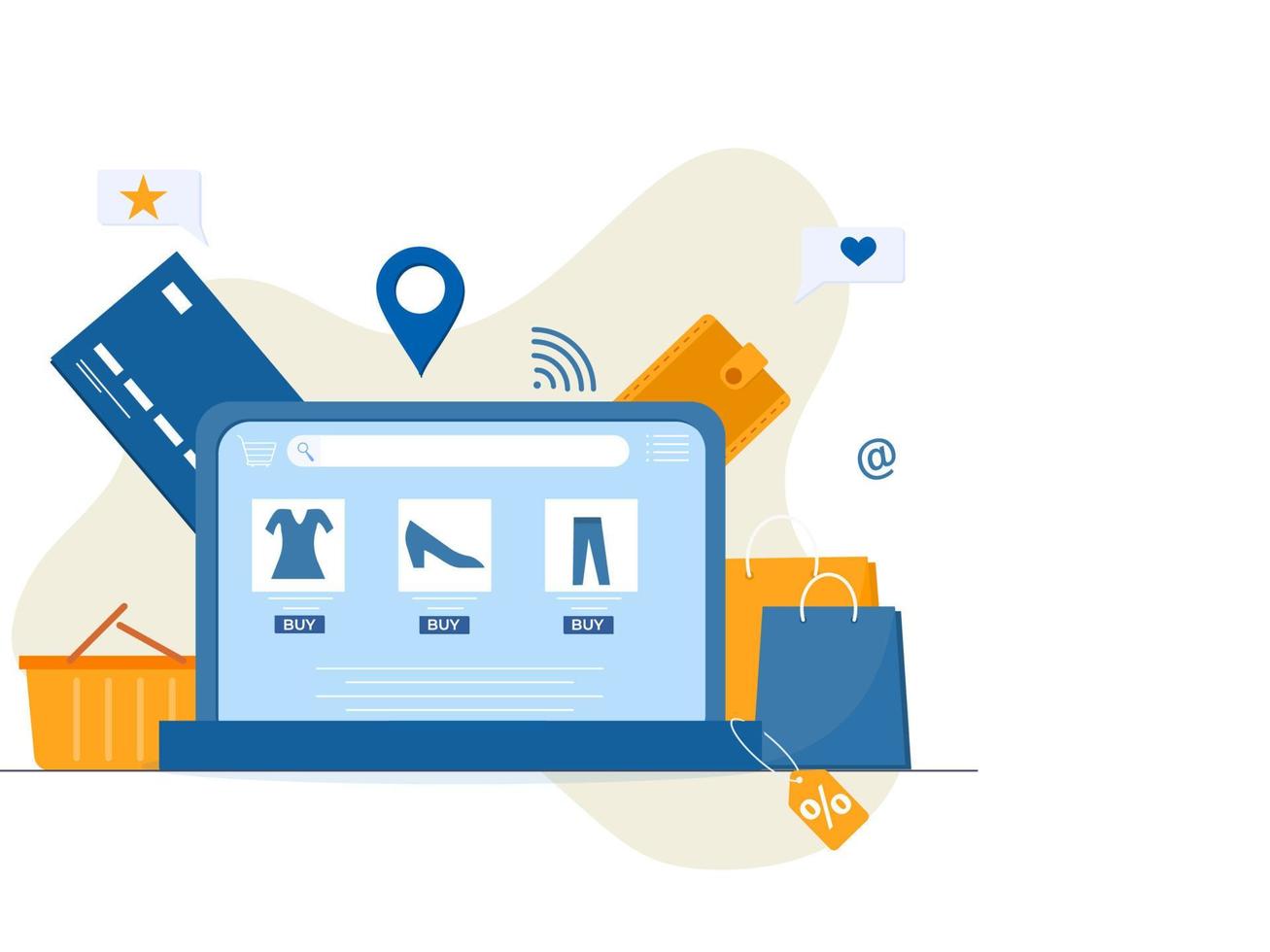 illustrazione di in linea shopping a partire dal il computer portatile con Wi-Fi connessione, percentuale etichetta, portafoglio, pagamento carta, cestino e trasportare borse su bianca sfondo. vettore