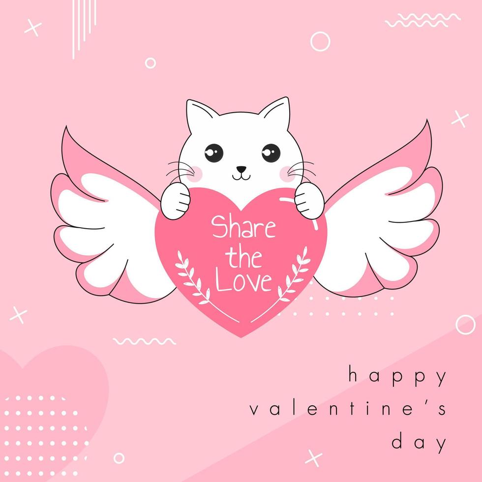 cartone animato gatto Tenere amore angelo con dato Messaggio come Condividere il amore su rosa sfondo per contento San Valentino giorno celebrazione. vettore