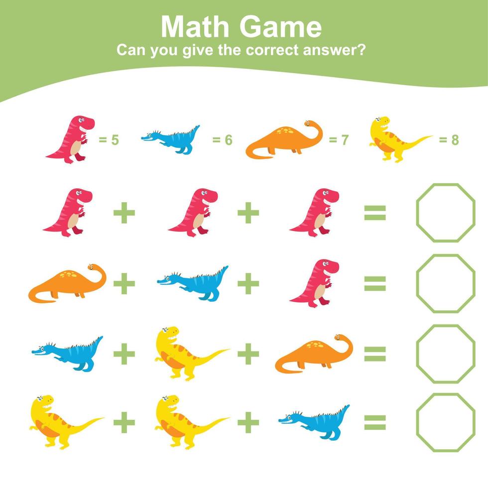 dinosauri tema matematica gioco foglio di lavoro. matematico attività per bambini. educativo stampabile matematica foglio. addizionale e sottrazione matematica per bambini. vettore file.