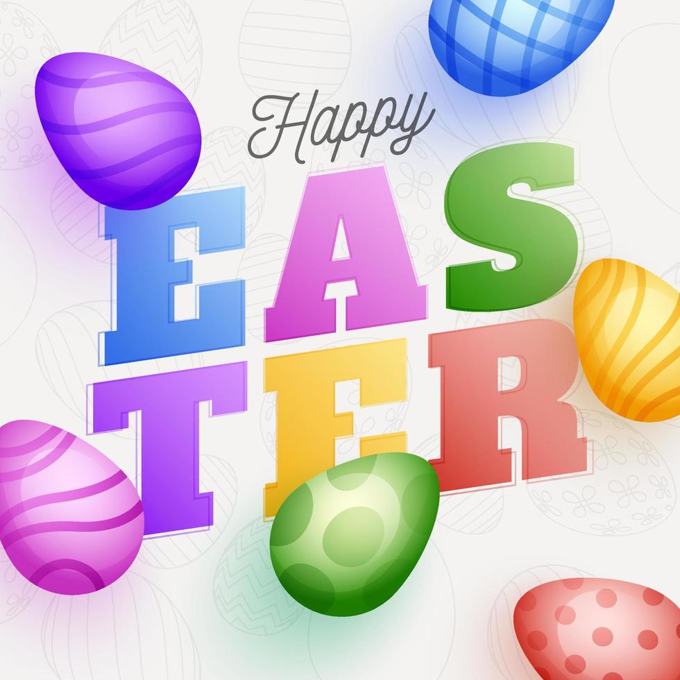 colorato contento Pasqua testo su bianca sfondo decorato con realistico dipinto uova. vettore