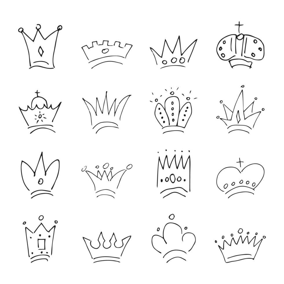 mano disegnato corone. impostato di sedici semplice graffiti schizzo Regina o re corone. reale imperiale incoronazione e monarca simboli. nero spazzola scarabocchio vettore