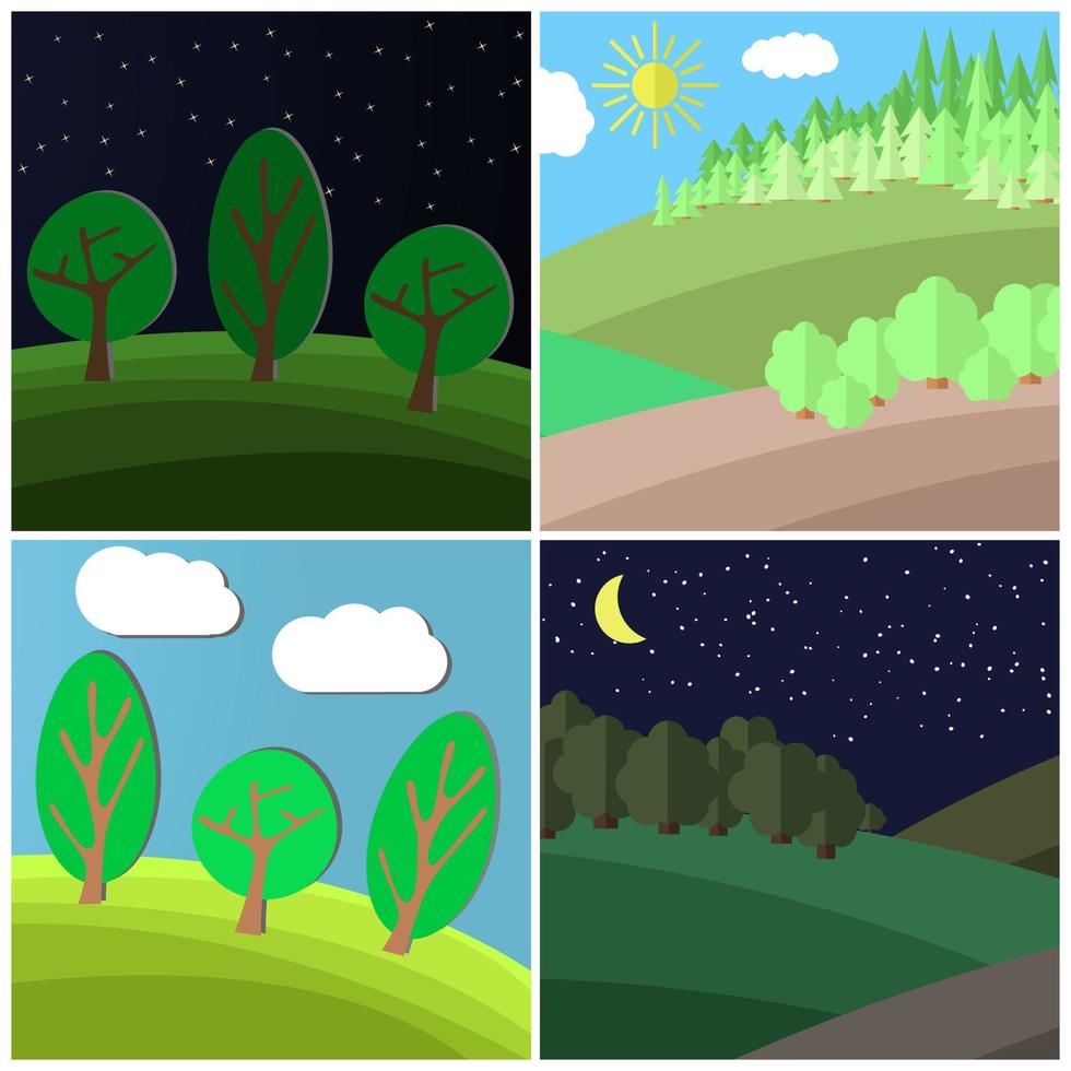 impostato di estate paesaggio. giorno e notte su un' radura nel il foresta. cartone animato vettore illustrazione.
