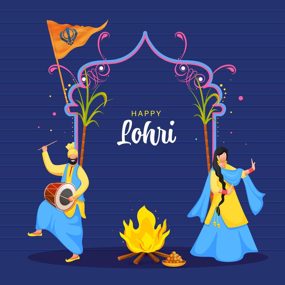 contento lohri celebrazione sfondo con sikh coppia fare bhangra danza e falò illustrazione. vettore