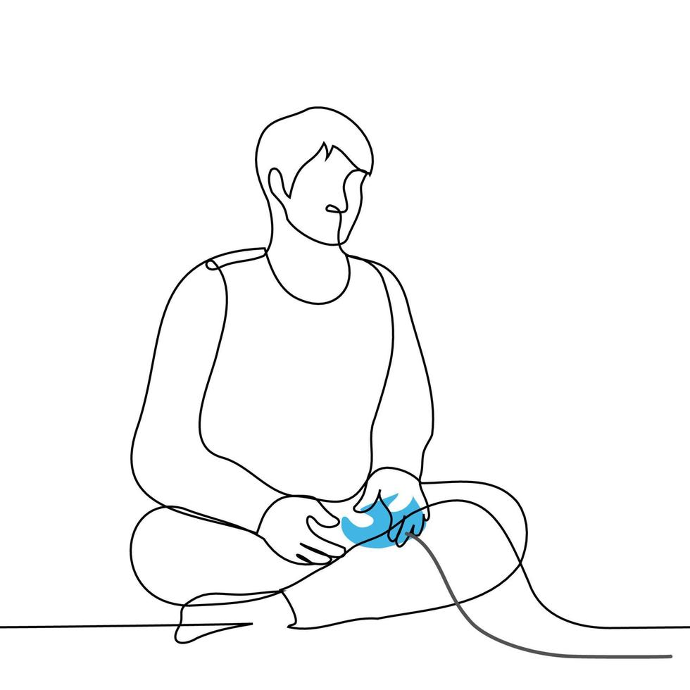 uomo seduta a gambe incrociate e Tenere un' telecomando da gioco su un' filo - uno linea disegno vettore. concetto giocare video Giochi vettore