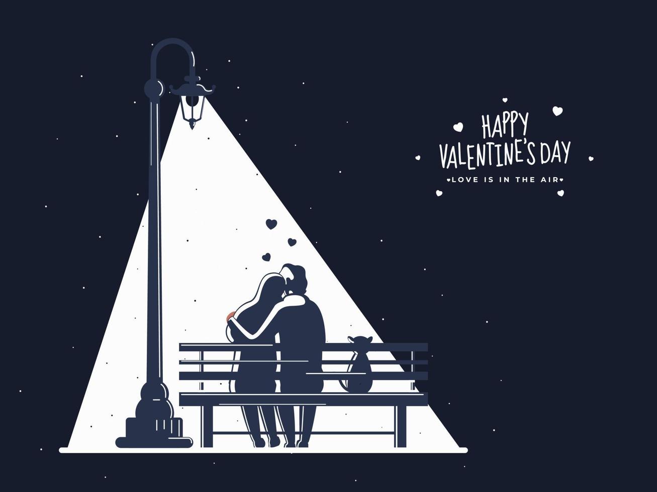 indietro Visualizza di amorevole coppia abbracciare con gatto seduta su panchina con blu notte Visualizza sfondo per contento San Valentino giorno celebrazione. vettore