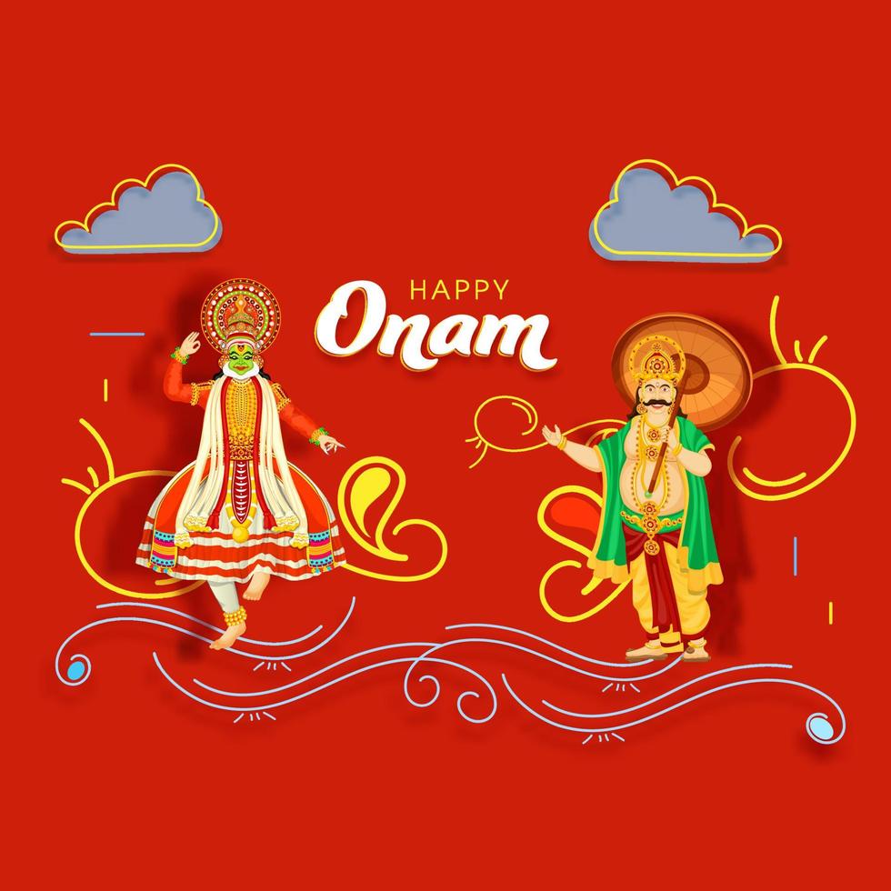 allegro re mahabali con kathakali ballerino personaggio e linea arte onde su rosso sfondo per contento onam Festival. vettore