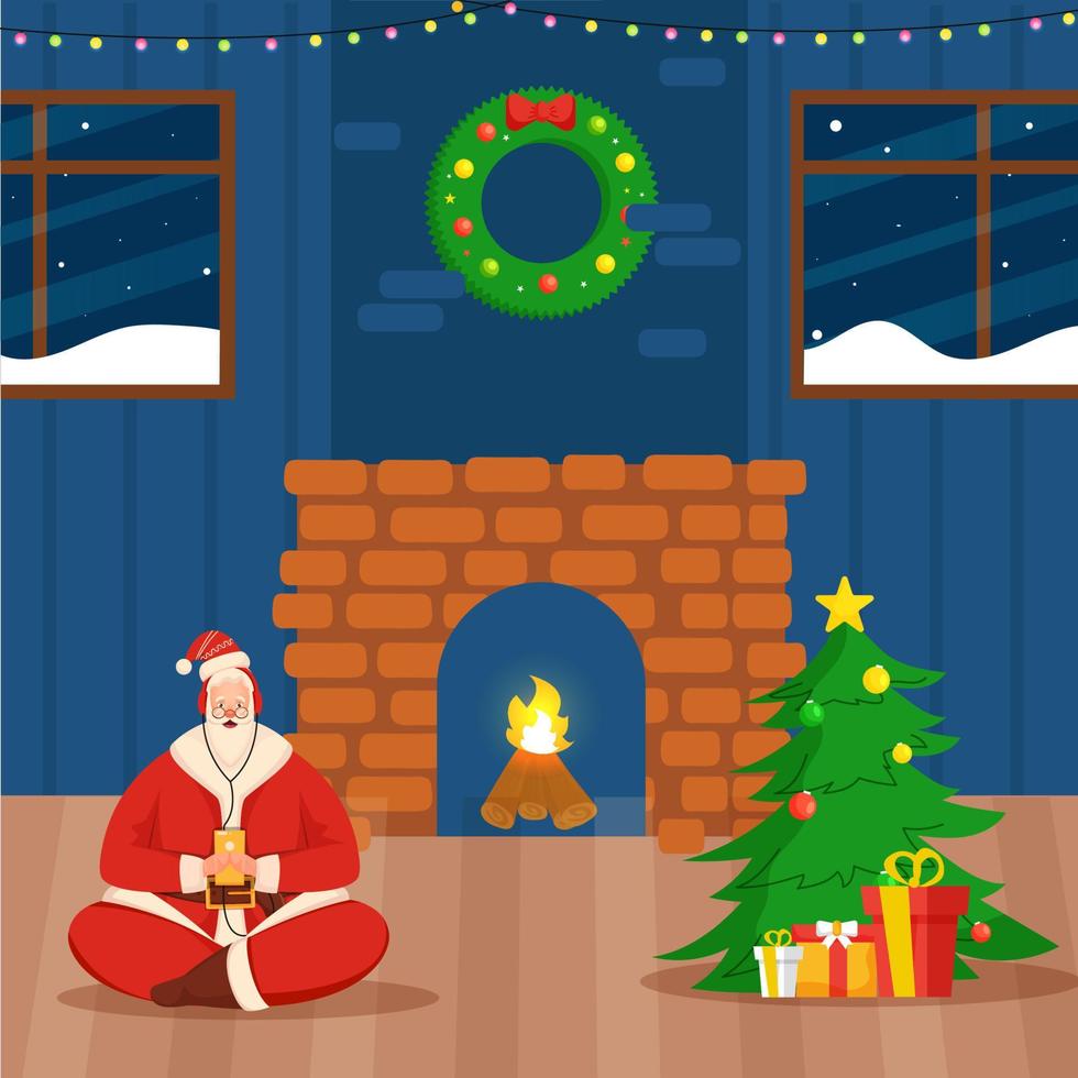 illustrazione di Santa Claus ascolta musica a partire dal cuffie su interno Visualizza decorato con natale albero, regalo scatola, camino e ghirlanda. vettore
