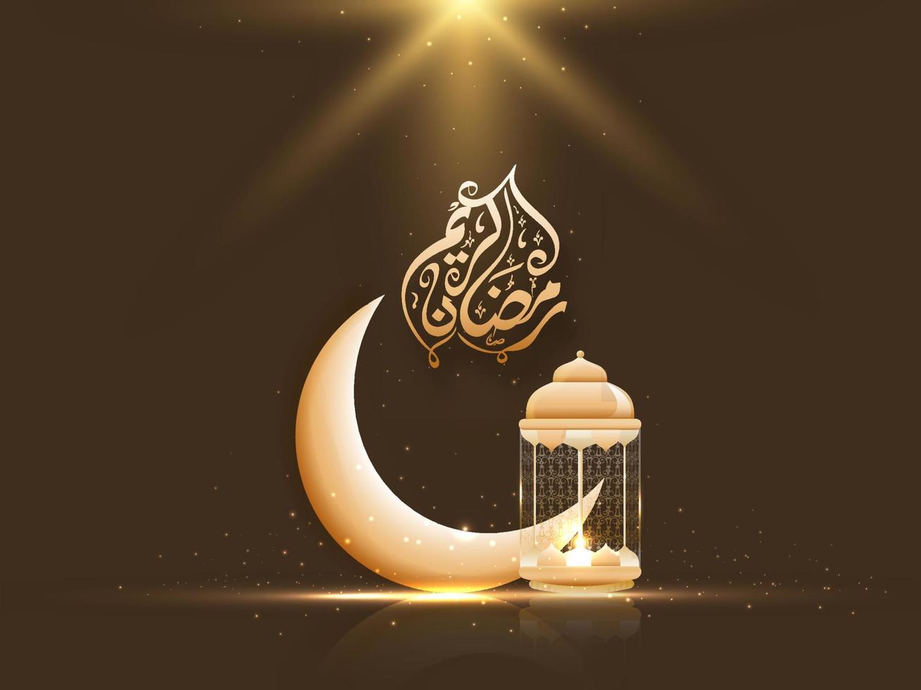 d'oro Arabo calligrafia di Ramadan kareem con mezzaluna Luna, illuminato lanterna e luci effetto su Marrone sfondo. vettore