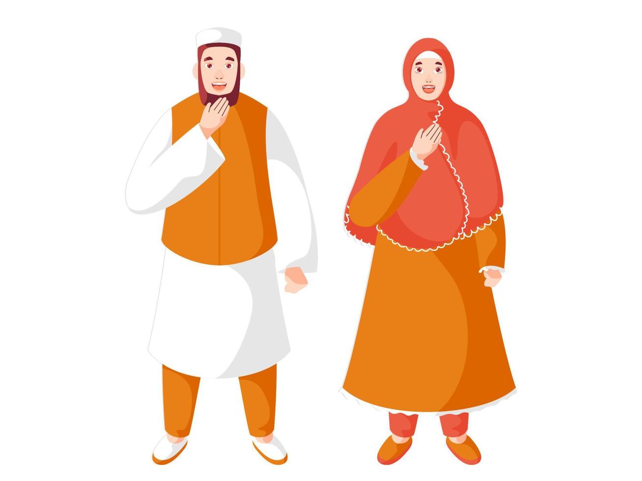 cartone animato musulmano uomo e donna nel aadab posa. vettore