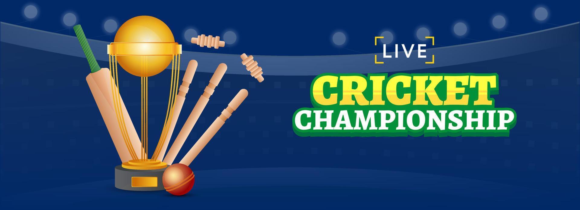 vivere cricket campionato intestazione o bandiera design con realistico sfera, pipistrello, wickets e trofeo tazza su blu sfondo. vettore