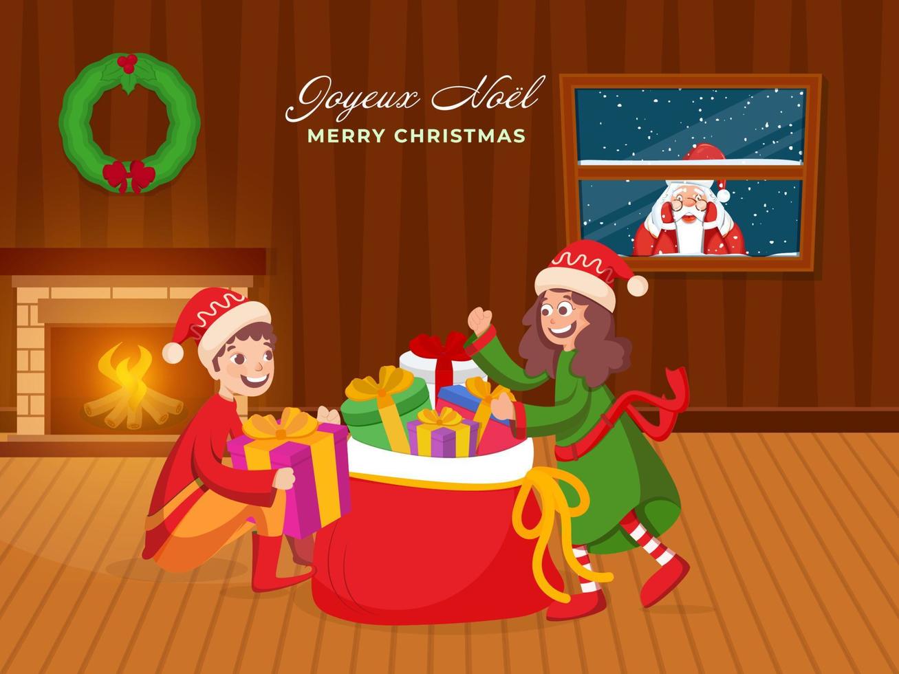 Santa Claus sbirciando attraverso finestra con allegro bambini carattere, i regali sacco e camino nel interno Visualizza per allegro Natale. vettore
