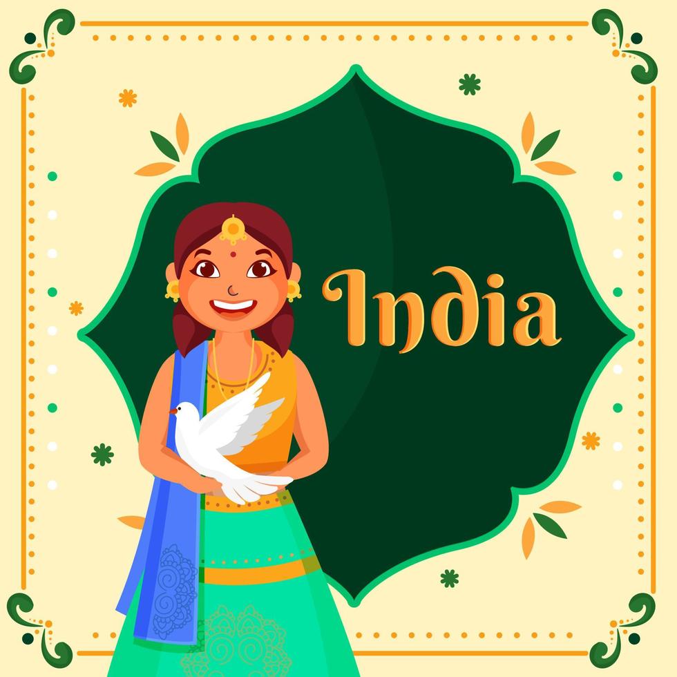 allegro giovane ragazza Tenere un' Piccione uccello su verde e leggero giallo sfondo per India repubblica o indipendenza giorno concetto. vettore