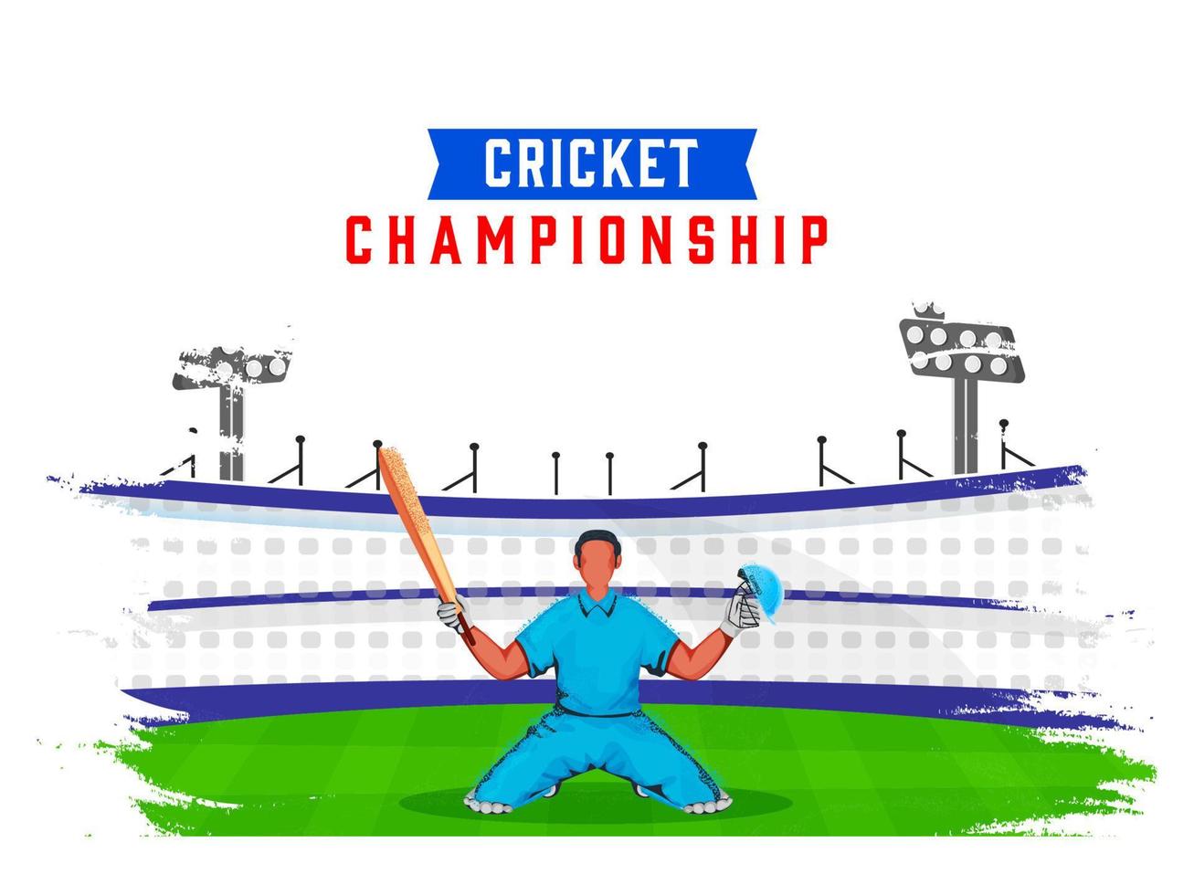 cricket campionato manifesto design con cartone animato battitore seduta nel vincente posa su spazzola ictus effetto stadio sfondo. vettore
