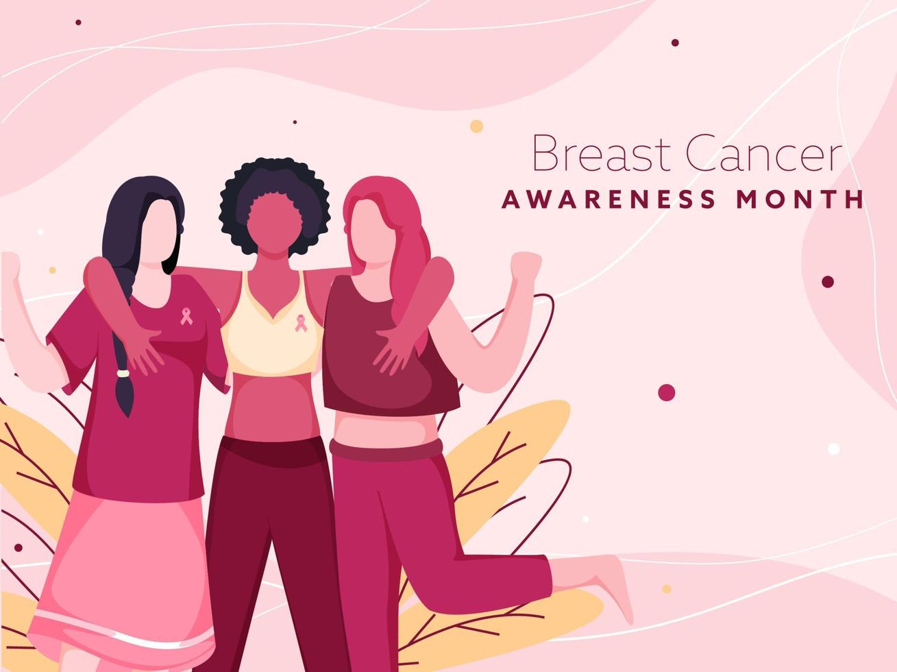 Seno cancro consapevolezza mese manifesto design con cartone animato combattente giovane donne e le foglie su rosa sfondo. vettore