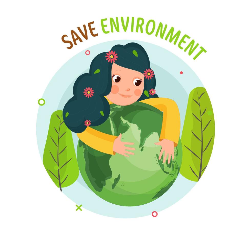 illustrazione di cartone animato ragazza abbracciare un' terra globo con verde alberi su bianca sfondo per Salva ambiente concetto. vettore