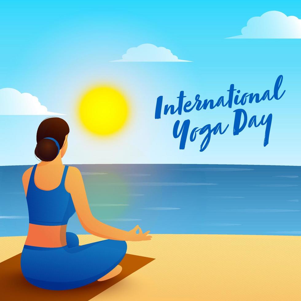 indietro Visualizza di giovane donna Meditare nel loto posa con mattina Visualizza su spiaggia sfondo per internazionale yoga giorno. vettore
