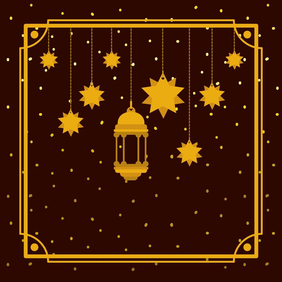 cornice dorata di ramadan kareem con lampada e stelle appese vettore